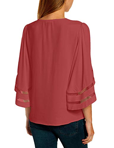 Luvamia Women's Casual V Neck Blouse 3/4 Bell Sleeve Mesh Panel Shirts Loose Tops Blousess Tea Rose Size M #TOP1