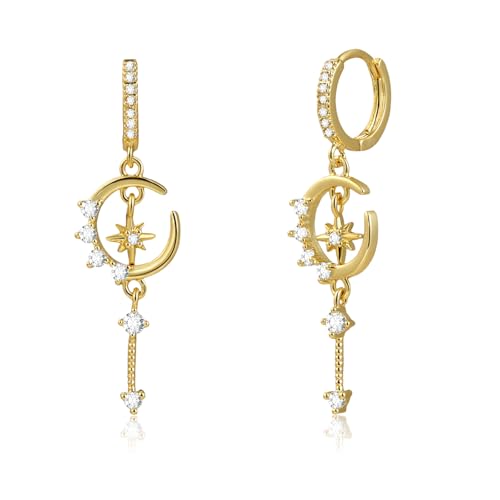 14K Gold Plated Dangle Hoop Earrings for Women Star and Moon Earrings Huggie with Cubic Zirconia Celestial Space Style