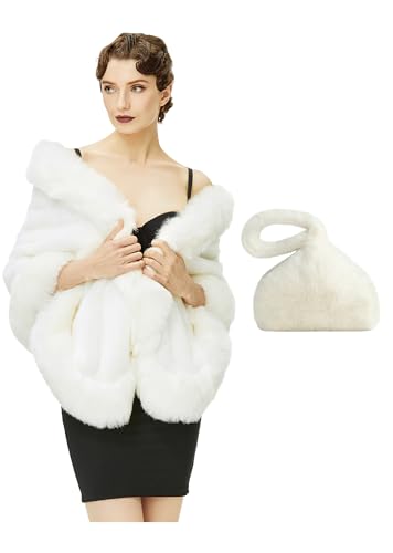 BABEYOND Faux Fur Shawl for Women with Collar Scarf Wrap Faux Fur Evening Cape Purse for Women Fluffy Furry Fuzzy Wristlet Clutch Purse Bags Soft Triangle Handbag