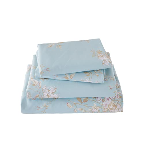 Abreeze Blue Floral Sheets Set King Shabby Floral Bedding Elegant Vintage Farmhouse Bedding 100% Cotton Super Soft Hypoallergenic Deep Pocket Fitted Sheet 4Pcs, King Size #TOP6