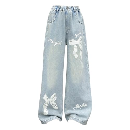 Girls Jeans Cute Bow Prints Elastic High Waised Straight Baggy Wide Leg Denim Pants
