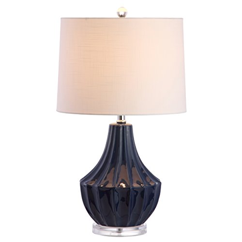 JONATHAN Y 24.5" Navy Blue Ceramic Table Lamp for Bedroom, Modern Bedside Desk Lamp, White Linen Drum Shade, Fluted Gourd for Living Room, LED Bulb Included JYL8018A