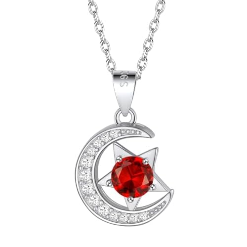 FindChic Sterling Silver Moon Necklace with 12 Birthstone Cubic Zirconia Star Diamond Necklace Jewelry Gift for Her, with Gift Box 07.July-ruby
