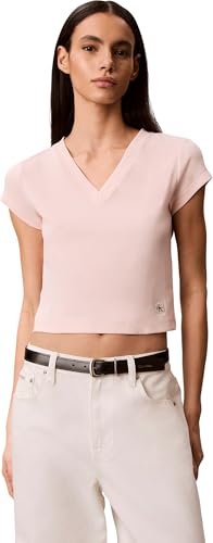 Calvin Klein Damen T-Shirt Kurzarm Woven Label Rib Tee mit V-Ausschnitt, Rosa (Mangano Calcite), XL – Ansicht 1