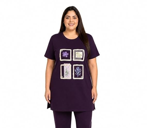 Image of In Love Women Cotton Regular Fit Plus Size Long-Line Chest Print T-Shirt with Pocket