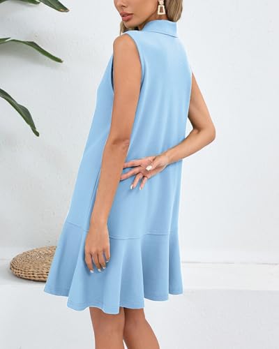 Image of YEXPINE Women's Sleeveless Polo Dress Ruffle Hem Lapel V Neck T-Shirt Summer Mini Dresses