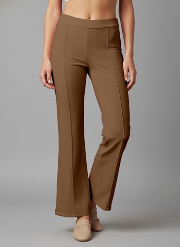 Image of Mehrang Cotton Blend Bootcut Parallel Trouser Pants for Women Regular Fit, Bellbottom Straight Pants for Womens