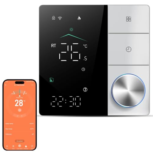 Irishom 2024 Mejorada AI Termostato WiFi Calefacción de Eléctrica, con Aprendizaje Inteligente AI/Control de Aplicaciones/Pantalla táctil Digital LED-Negro y Blanco
