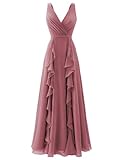 CKGJLJ Bridesmaid Dresses Dusty Rose Chiffon Gowns Dresses for Women Evening Formal V Neck Ruffles Hem Chiffon Maxi Dusty Rose Prom Dresses with Belt US12