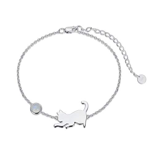 LONAGO Bracelet Chat Argent Sterling 925 Mignon Chat avec Pierre de Lune Zircone Cubique Bracelet Bijoux pour Femmes (Blanc-Pierre de Lune) Cover