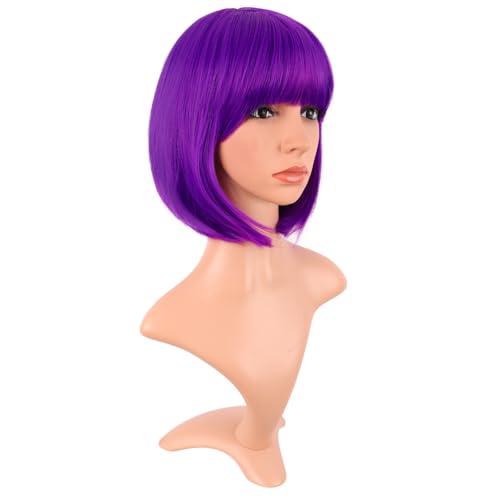 Image of MapofBeauty 12 Inch /30 cm Fashion Lady Short Straight Synthetic Flat Bangs Bob Wig (Bright Purple)