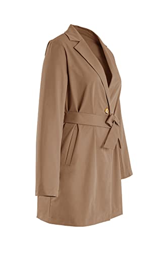 Fangetey Womens Casual Jacket Classic Stylish Lapel Trench Coat Belted Slim Mid Length Outerwear With Pockets, Khaki #TOP3
