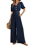 QUNERY Combinaison Femme Ete Jumpsuit Élégant Manches Courtes Col V Casual Playsuit Jambe Large Romper avec Poche Bleu Foncé M