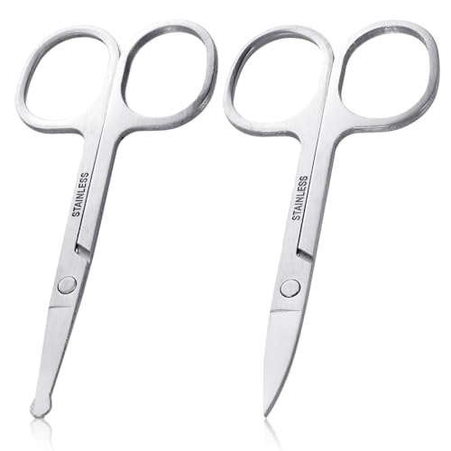 Tweruna - 2PCS Nose Hair Scissors, Curved and Rounded Nail Scissors, 3.35 Inch Stainless Steel Small Scissor for Grooming Eyebrow, Nose Hair, Mustache, Beard, Eyelashes, Ear Trimming Kit