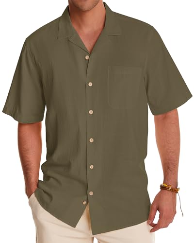 Image of Alimens & Gentle Mens Linen Shirts Cotton Hawaiian Shirts Short Sleeve Button Down Shirts Casual Summer Beach Tops