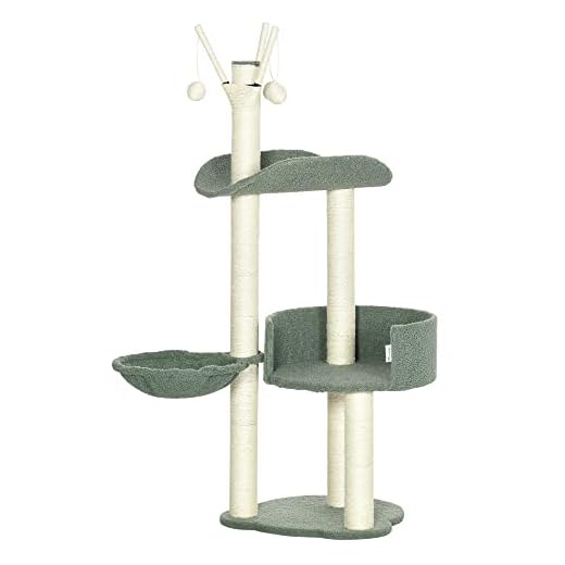 PawHut Árbol Rascador para Gatos Torre para Gatos Altura 123 cm con Hamaca Camas Postes de Sisal y Bolas de Juego 44x43x123 cm Verde y Crema
