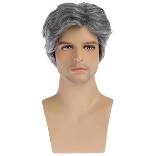 Cheveux courts bouclés volumineux gris argenté à mémoire de forme pour scène de théâtre