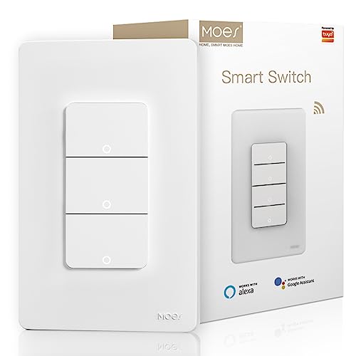 MOES Smart Triple Light Switches, 2.4GHz Wi-Fi 3 Gang Single Pole Switch, Netural Wire Required, Inteligente Switch Combo Compatible with Alexa Google Assistant, Remote Control White 3 Gang