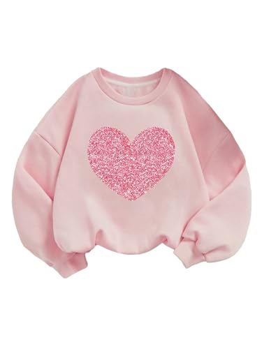 RoseSeek Girl's Outfit Sparkly Heart Print Sweatshirt Long Sleeve Drop Shoulder Graphic Pullover Tops Pink 6Y