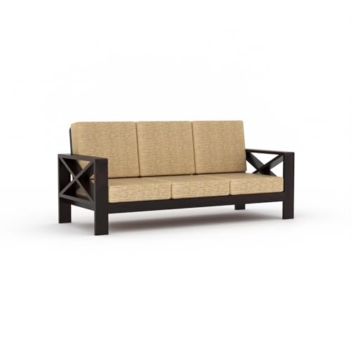 Image of Sheesham Wooden 7 Seater Sofa for Living Room | Rosewood 7 Seater Cushion Sofa X-Legs | Solid Wood Sofa Set for Lounge (3+2+2,Walnut)