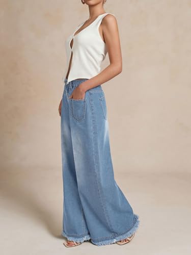CHARTOU Baggy Wide Leg Jeans Woman Mid Rise Frayed Flare Jeans Boyfriend Stretchy Denim Pants4