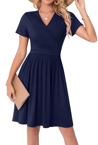 WUWUSKY Sommerkleid Damen Kurzarm V-Ausschnitt Knielang Midi Kleid mit Tasche Freizeit Kleider A Linie Leicht Casual Dress Sommer...
