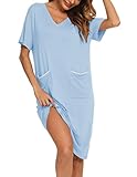YYA Short Sleeve Nightgowns for Women Comfy Sleep Dress with Pocket Casual Nightshirt Light Blue
