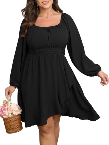 SCOMCHIC Women's Plus Size Cocktail Dress Lantern Long Sleeve Square Neck Ruffle Hem Fall Flowy A-Line Mini Short Dresses