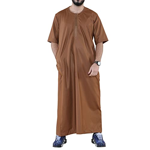 Mens Thobe Jubba Islamic Clothing Kaftan Half Sleeve Robe Moroccan Arab Zipped - Main Image