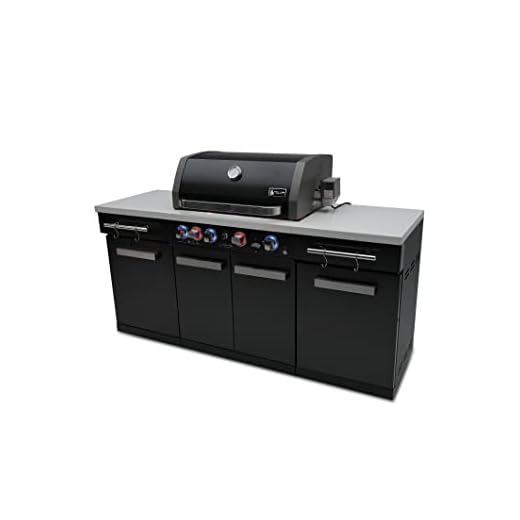 Mont Alpi MA-957 5-Burner 63000 BTU Black Stainless Steel Outdoor Kitchen Bar Gas Island Grill w/Infrared Rear Burner + Rotisserie Kit + Granite Countertop + Storage Cabinets & Full Weather Cover