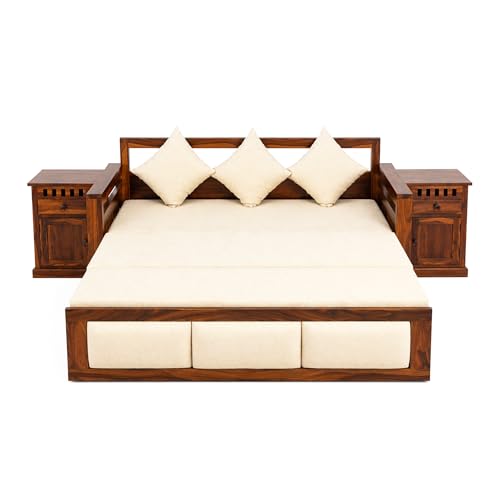 Image of SONA ART & CRAFTS Zeus Sheesham Wood 3 Seater Sofa Cum Bed with Bedside | Wooden 3 Seater Sofa for Living Room Wooden Furniture Sofa Bed for Home (Natural Finish)