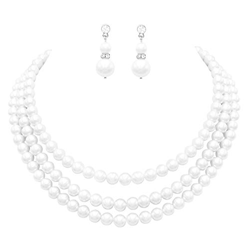 Rosemarie Collections Women's Multi Strand Classic 8mm Faux Pearl Necklace and Earrings Jewelry Set, 16