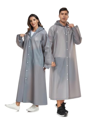 SaphiRose Extra Long Rain Ponchos for Adults - EVA Rain Coats Waterproof Unisex Rain Jacket with Drawstring Hood (2Packs, Grey, Universal)