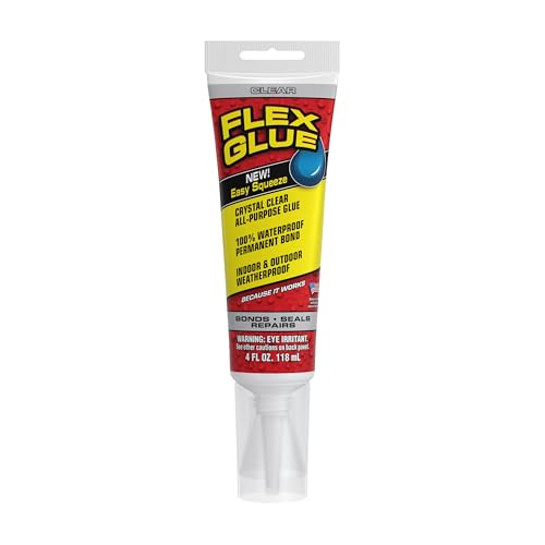 Flex Glue, Super Strong, Transparent, Rubberized Waterproof Adhesive, Works Underwater, Use on Pools, Showers, Outdoors, Concrete, Brick, Pavers, UV Resistant, 4 oz Squeeze Tube, Clear, 1-Pack