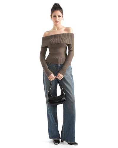 Image of SUUKSESS Women Off Shoulder Sweaters Long Sleeve Ribbed Knit Going Out Fall Tops Blouse