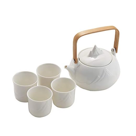LIONWEI LIONWELI Japanese Classic White Ceramic Tea Set with Mountain Pattern,Teapot & 4 Teacups.