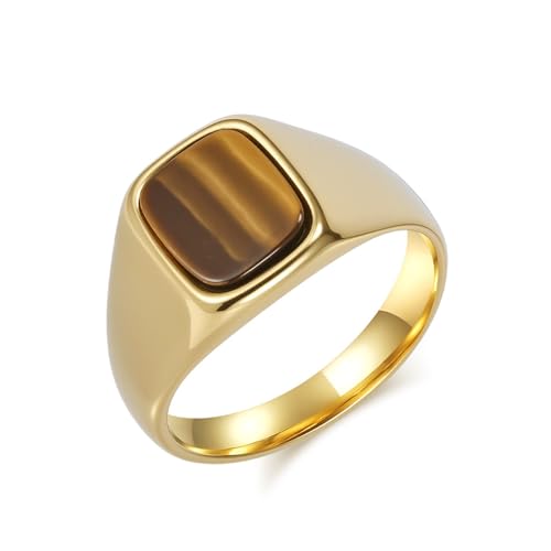 Bague oeil de tigre homme en acier inoxydable or 12mm taille 64 style chevalière