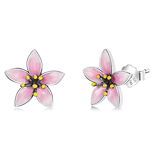 Boucles d'oreilles argent 925 femme émail rose fleur de cerisier mariage