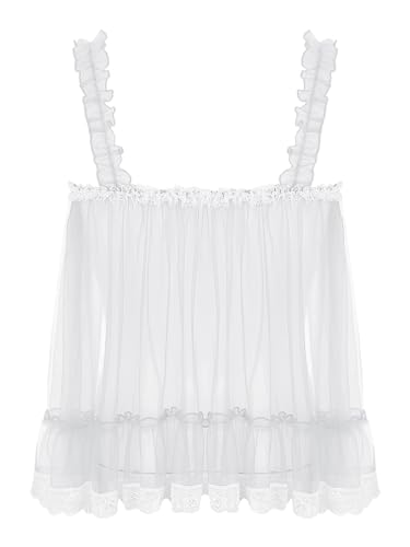 Men's Sissy Lace Floral Tank Top Ruffle Straps Mesh Undershirt Camisole Transparent Vest Top2