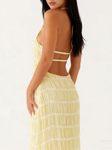 Image of Yiulangde Women's Backless Smocked Maxi Dress Sexy Spaghetti Strap Cut Out Flowy Beach Long Dress Vacation Casual Sundresses