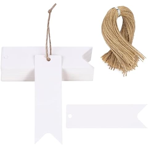 SallyFashion 100PCS Mini Gift Tags, White Paper Tags with String 2.8 x 0.8 Inch Blank Present Tags for Wedding DIY Crafts Cover