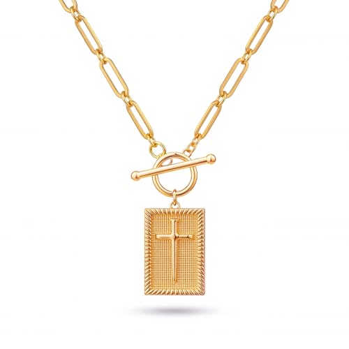 Robaice 14K Gold Plated Cross Necklace for Women, Non-Tarnish Faith Jewelry with Toggle Clasp, Fashion Necklace Gifts for Women, Christian Faith, Communion, Birthday & Christmas