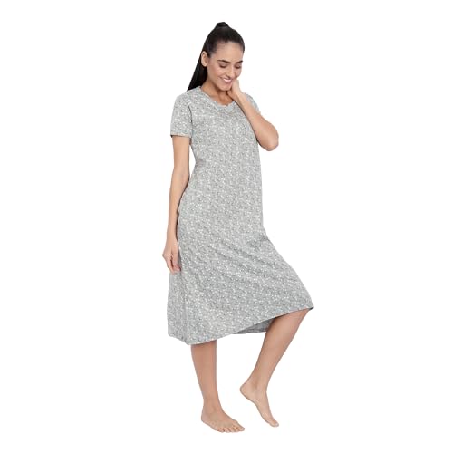 Image of BLAZON Women's Cotton Hosiery Elegant Maxi Nightdress with Lace Detailing, Floral Print, Pockets & Half Sleeves