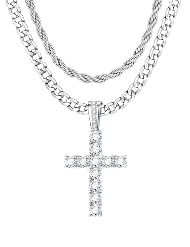 925 Sterling Silver Cross Necklace Men - CZ Cross Pendant Layered Necklaces Waterproof Stainless Steel Cuban Link Rope Chain Silver Necklace Stack Jewelry with Gift Box 16-30 Inches