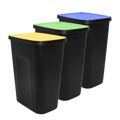 Cubo de basura negro con tapa abatible de color, juego de 3 unidades – 50 L – Sistema de separación de residuos para plástico residuos orgánicos – Sistema de reciclaje de basura, cubo de reciclaje,