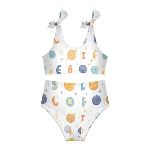 JUNZAN Cartoon Planets Alphabet White Girls Bathing Suit High Waisted 2 Piece Swimwear Little Girls Beach Surf Suits 3T2
