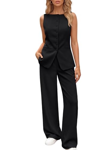 LILLUSORY 2 Piece Vest Wide Leg Pant Suit Set Sleeveless Dressy Button Down Top & Matching Elastic Waist Pants for Summer Business Casual & Office Settings Black M