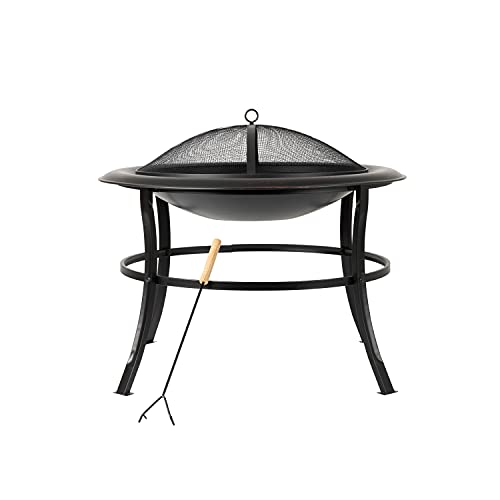 Fire Sense 62237 Fire Pit Tokia Steel Wood Burning Lightweight Portable Outdoor Firepit Rounded Lip & Curved Legs Included Wood Grate & Screen Lift Tool - 30" Round - Black #TOP1