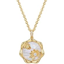 MEVECCO Birth Flower Necklace For Women 18k Gold Plated Mother Of Pearl Disc Floral Pendant Necklace Dainty 12 Birth Month Flower Handmade Personalized Jewelry Anniversary Christmas Birthday Gifts