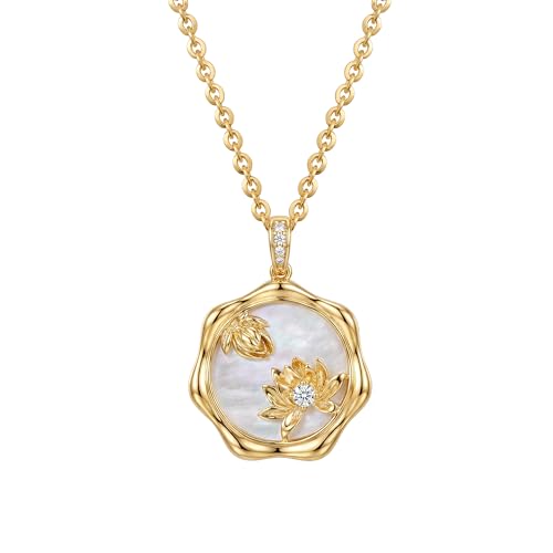 MEVECCO Gold Necklace For Women 18K Gold Plated Birth Flower Mother Of Pearl Disc Floral October Cosmos Pendant Necklace Dainty Handmade Womens Jewelry Anniversary Christmas Birthday Gifts